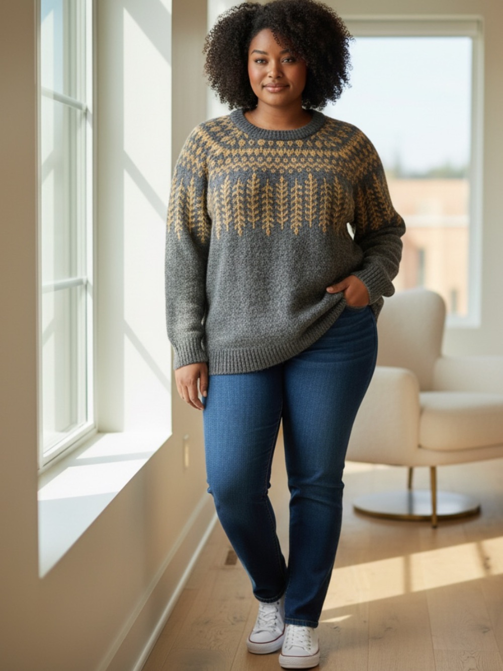 torrid Gray and Mustard Fair Isle Crewneck Sweater